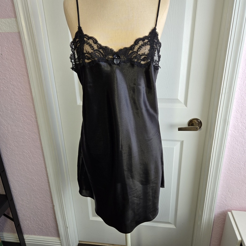 Vintage Judith Hart Black Satin Lace Nightgown Chemise Nightie Size 36 Lingerie
